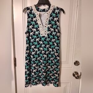 Sleeveless Navy Dress with Turquoise & White Elephant Print